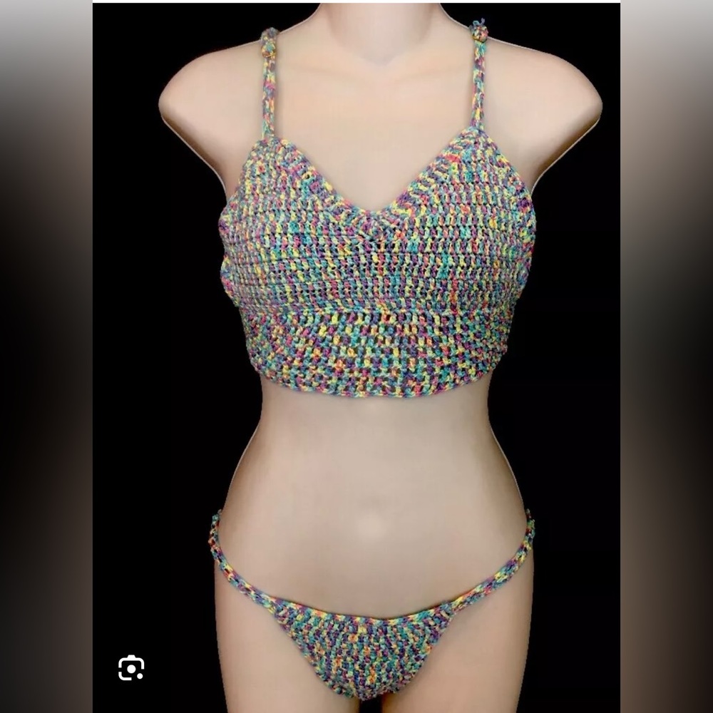 Beach Riot M/L crochet multi color strapless bikini top and bottoms